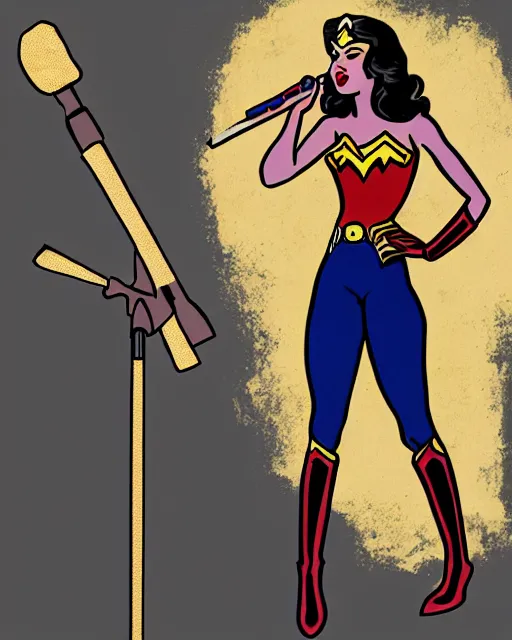 Image similar to taylor swift as wonder woman with a microphone in her hand as her weapon drawn in a 1 9 5 0 s cartoon on a saturday morning style, hugh quality, very well proportioned silhouette