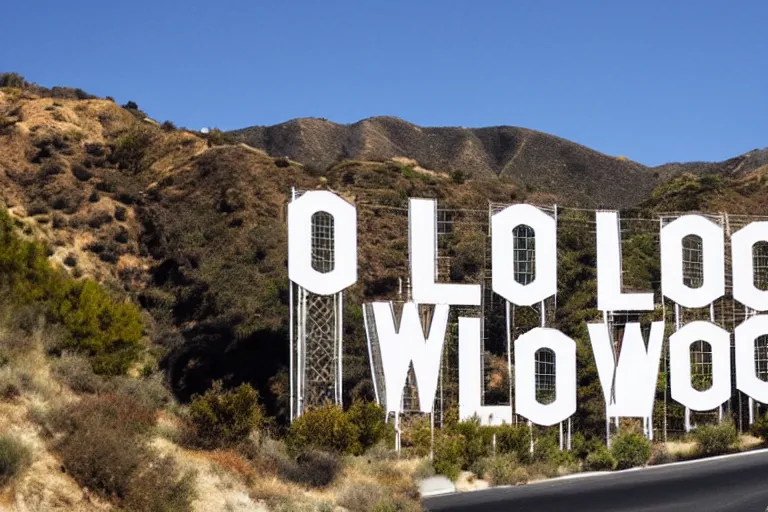 Prompt: california hillside with large sign made of white letters spelling hollywood