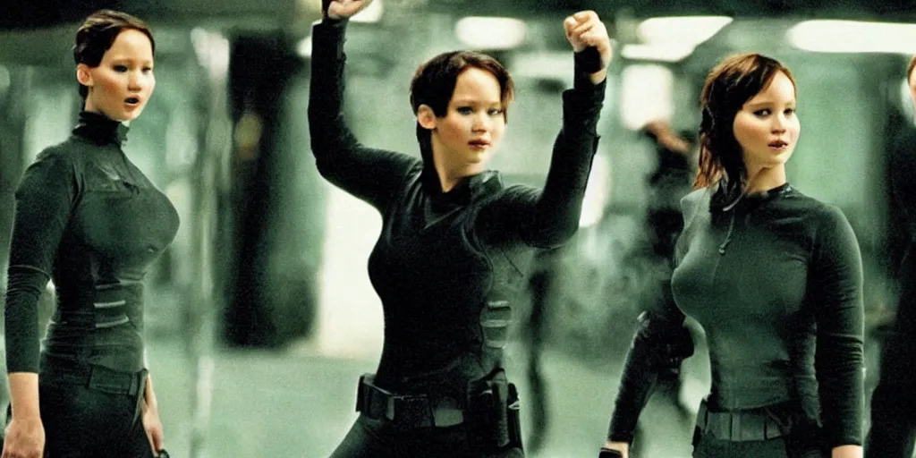 Image similar to Jennifer Lawrence fighting agents in matrix