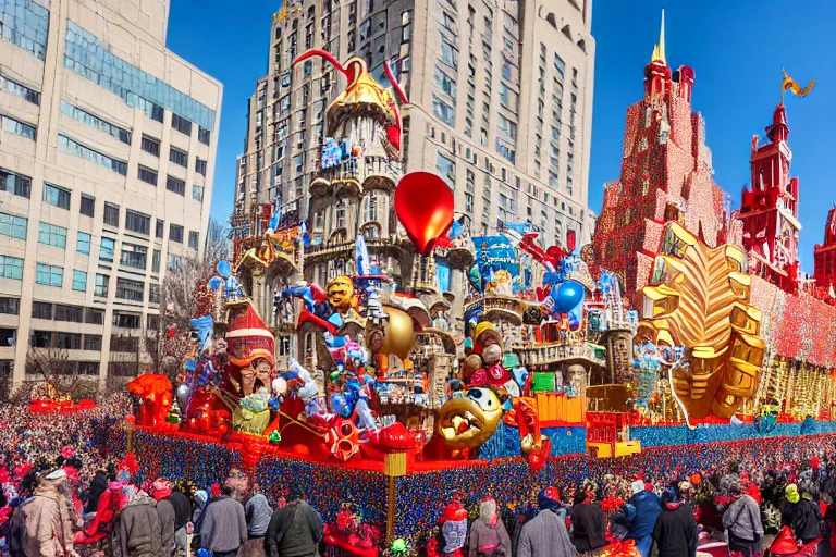 Image similar to photo of giant beautiful elaborate parade float castle designed by greg rutowski and geof darrow, in the macys parade, detailed 4 k photo, gigapixel, hyperdetailed