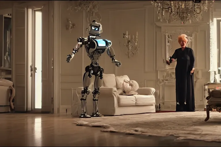 Prompt: VFX movie portrait of happy old woman stand-off with futuristic robot in a decadent living room by Emmanuel Lubezki