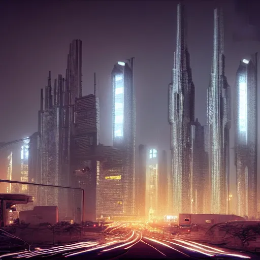 Image similar to photorealistic painting of a futuristic city by Alfredo Jaar, high traffic, tall towers, stars in the sky, octane render, 8k, highly detailed, trending on artstation, cyberpunk