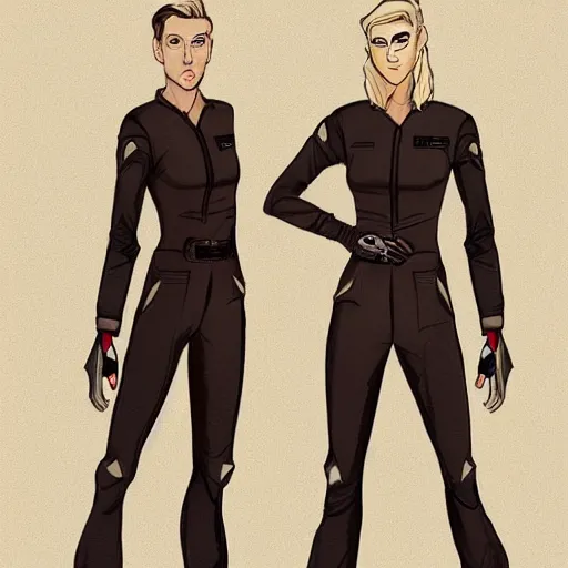 Image similar to character concept art of heroic stoic emotionless butch blond handsome woman engineer with very short slicked - back butch hair, narrow eyes, wearing atompunk jumpsuit, retrofuture, science fiction, mike mignogna, digital art