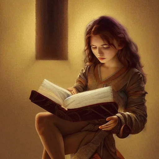 Image similar to village girl reading a book, cinematic, intricate, elegant, highly detailed, digital painting, artstation, concept art, smooth, sharp, focus, illustration, art by artgerm and Johfra Bosschart