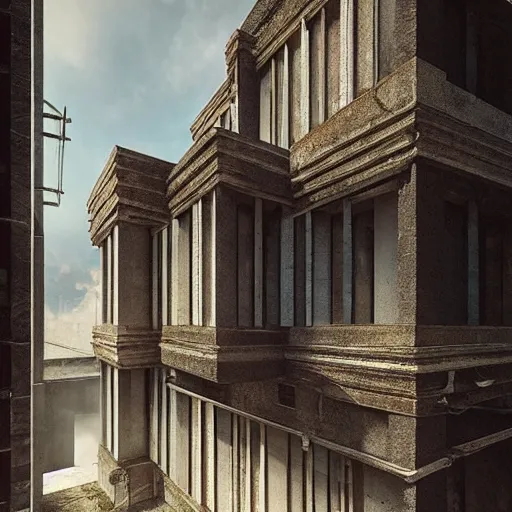 Image similar to “derelict architecture buildings, architecture digest, muted tones, volumetric lighting, building made by Frank Lloyd Wright, photorealism, high detail, golden ratio, cinematic, octane renderer”