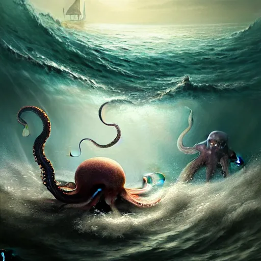 Prompt: a dream fantasy painting of a octopus attack a man in the deep of the ocean, by beksinki, greg rutkowski, carne griffith trending on artstation, deviantart, photorealism