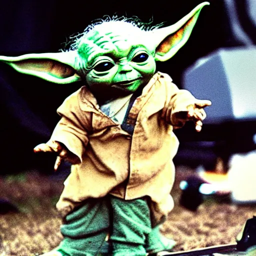 Prompt: baby yoda performing his music at woodstock in the 70s