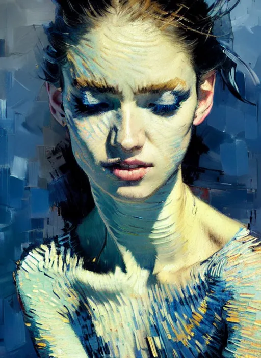 Image similar to portrait of beautiful girl, ecstatic, dancing, eyes closed, shades of blue and grey, beautiful face, rule of thirds, intricate outfit, spotlight, by greg rutkowski, by jeremy mann, by francoise nielly, by van gogh, digital painting