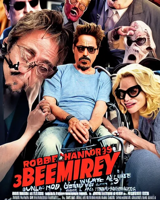 Prompt: movie poster for weekend at bernie's 3, robert downey jr in a wheelchair with dark sunglasses, grey facial flesh, cinematic lighting, zombie rigor mortis inanimate corpse in a wheelchair, movie poster for robert downey starring in weekend at bernie's, bernie goes to vegas with cameron diaz and steve buscemi