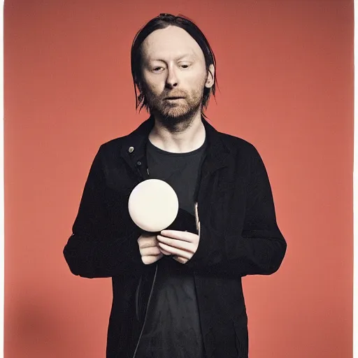 Image similar to Radiohead singer, holding the moon upon a stick, with a beard and a black jacket, a portrait by John E. Berninger, dribble, neo-expressionism, uhd image, studio portrait, 1990s