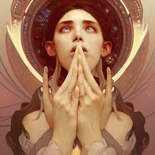 Image similar to spiritual awakening, in the universe, digital painting, artstation, artgerm and greg rutkowski and alphonse mucha, cgsociety, insanely detailed, intricate, beautiful