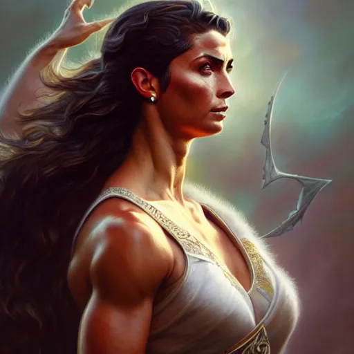 Image similar to cristiano ronaldo as a female, d & d style, fantasy, intricate, elegant, highly detailed, digital painting, artstation, concept art, matte, sharp focus, illustration, art by artgerm and greg rutkowski and alphonse mucha