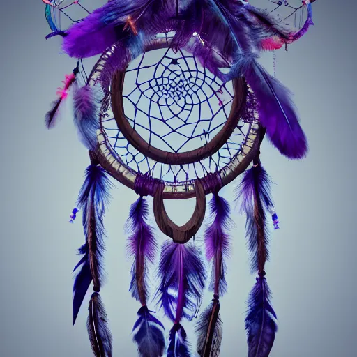 Image similar to a beautiful and intricate dreamcatcher made from bone and gnarled wood and blue and purple feathers, twisting, twirling, loops, hexagonal shapes, concept art, highly detailed, realistic, ornate, fine detail, 4k, octane render, vray, unreal engine