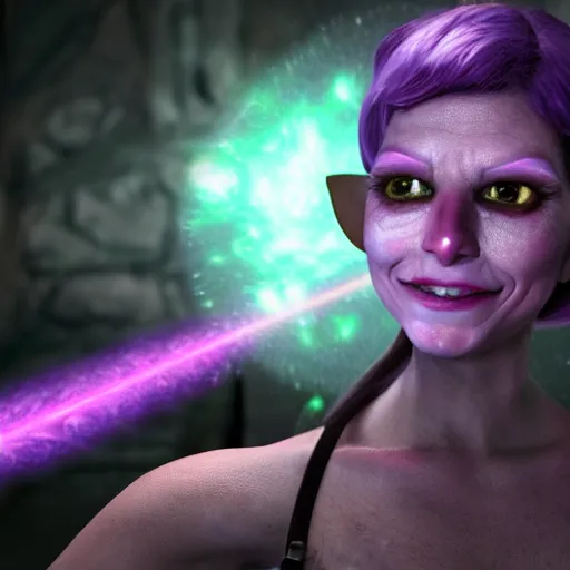 Image similar to a mischievous elf with violet skin reflecting a laser light, a scarred face, chuckling, with a nebula behind them, in the style of gary frank and rafael albuqurque, rendered in unreal engine