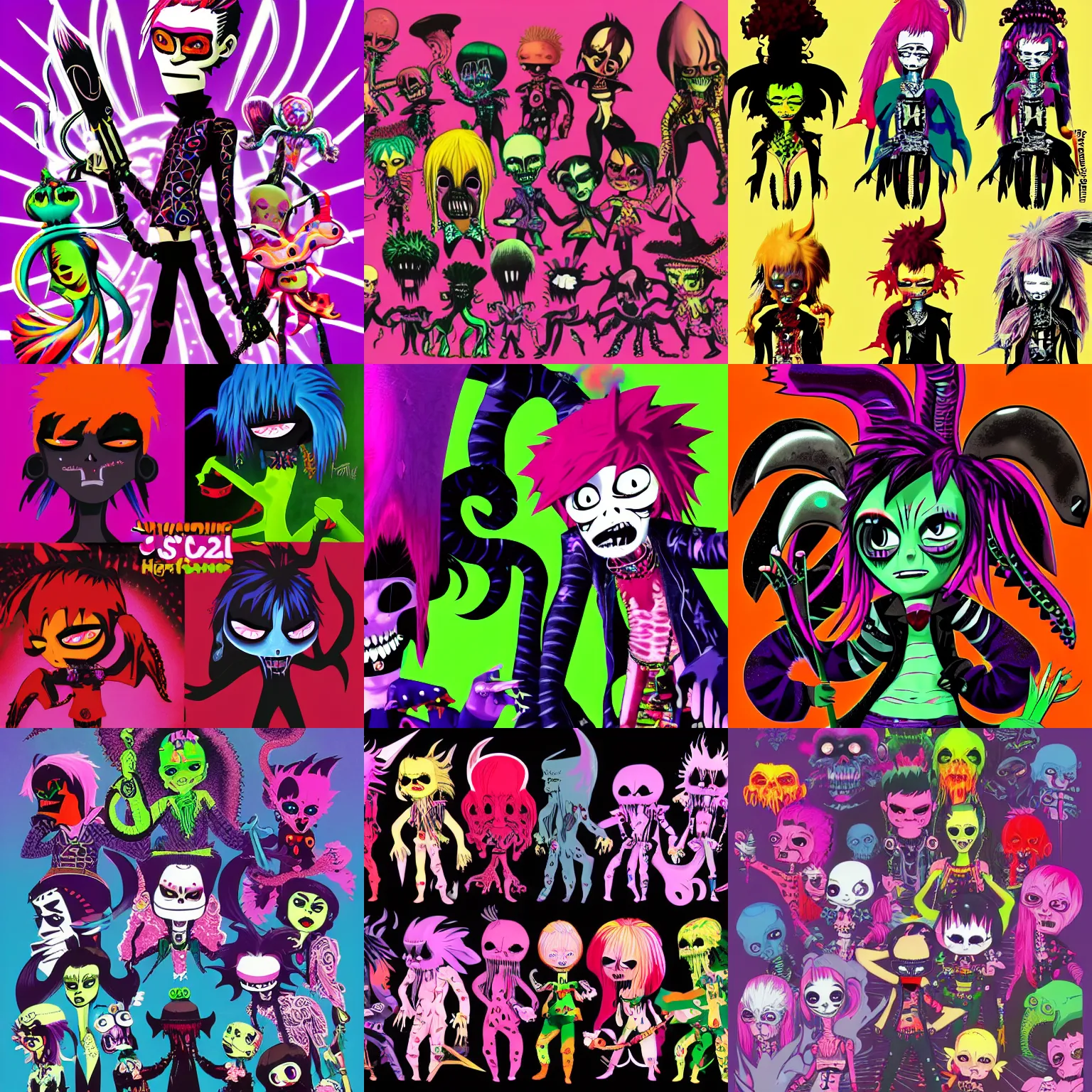 Prompt: CGI lisa frank gothic punk vampiric electrifying vampiric squid character designs of varying shapes and sizes by Jamie Hewlett from gorillaz high resolution, rtx