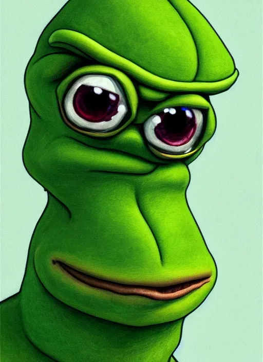 Image similar to depressed pepe the frog!!!, sad, portrait, intricat, highly detailed, digital painting, artstation, concept art, wallpaper, smooth, sharp focus, illustration, art by matt furie and artgerm and greg rutkowski and alphonse mucha