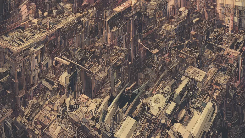 Image similar to very detailed, epic art nouveau graphic novel, ilya kuvshinov, mcbess, rutkowski, simon roy, illustration of space dystopian metropolis, illustration of decrepit cyberpunk arcologies, space junk falling from sky, wide shot, colorful, deep shadows, astrophotography, hyperdetailed, cybernetics, cryengine, realistic shaded lighting, sharp focus