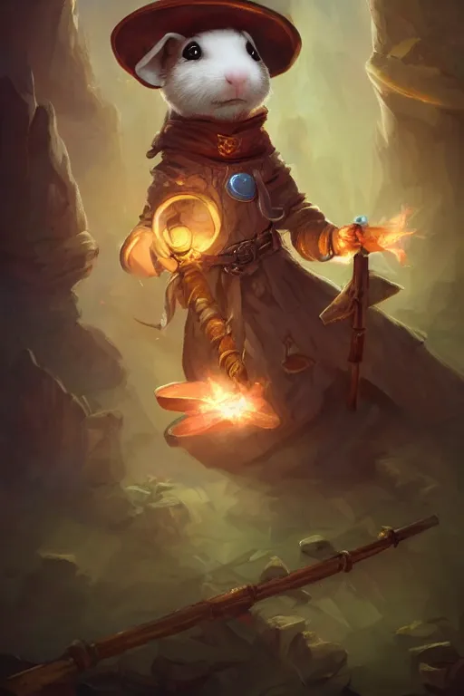 Image similar to cute little anthropomorphic Guinea Pig Mage, wielding a magic staff, tiny, small, short, Wizard robe, cute and adorable, pretty, beautiful, DnD character art portrait, matte fantasy painting, DeviantArt Artstation, by Jason Felix by Steve Argyle by Tyler Jacobson by Peter Mohrbacher, cinematic lighting