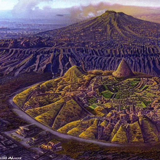 Image similar to an oblique aerial view of a fantasy city inside a volcanic caldera. the buildings are made of basalt and granite blocks. the caldera is surrounded by shrubland. painting by ted nasmith, earl norem, bob larkin.