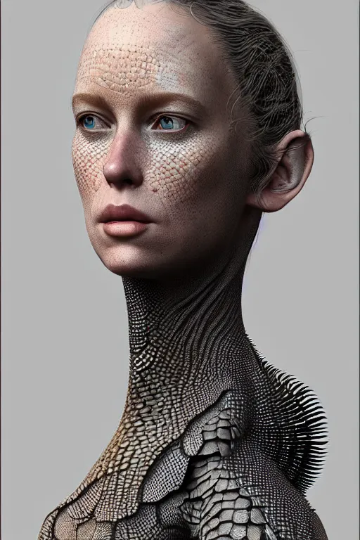 Prompt: epic professional digital art of female starship mechanic, without neck, covered in reptilian scales, by leesha hannigan, iris van herpen, artstation, cgsociety, wlop, epic, much wow, much detail, gorgeous, detailed, masterpiece