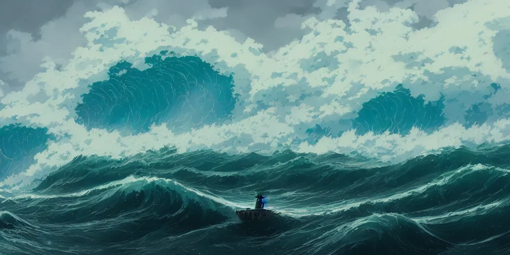 Prompt: A fishing boat rides a huge wave in a stormy sea, an intense storm blacks out the sky, fork lightning, dark and epic, Greg Rutkowski and Studio Ghibli