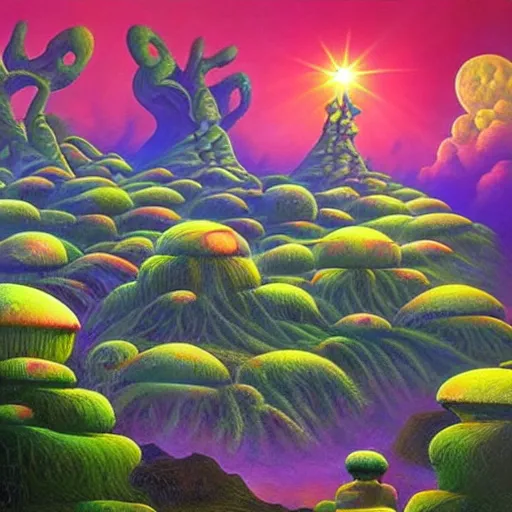 Image similar to surrealistic painting of cannabis dense bushes on alien planet, colourful morning, by vladimir kush