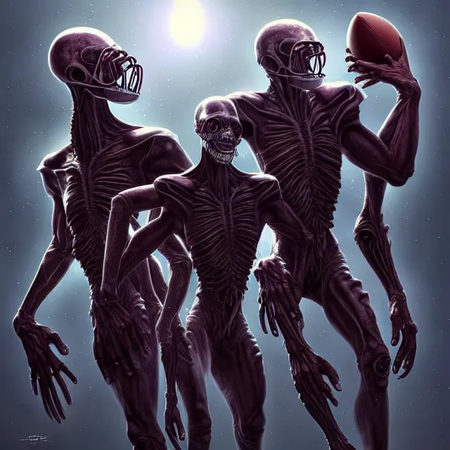 Prompt: epic professional digital art of a terrifying alien American football team, best on artstation, cgsociety, wlop, cinematic, breathtaking, epic, stunning, gorgeous, much detail, much wow, masterpiece by Jim Burns