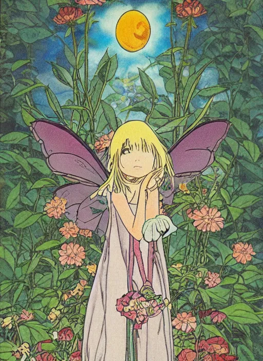 Prompt: fairy floral tarot card by Hayao miyazaki