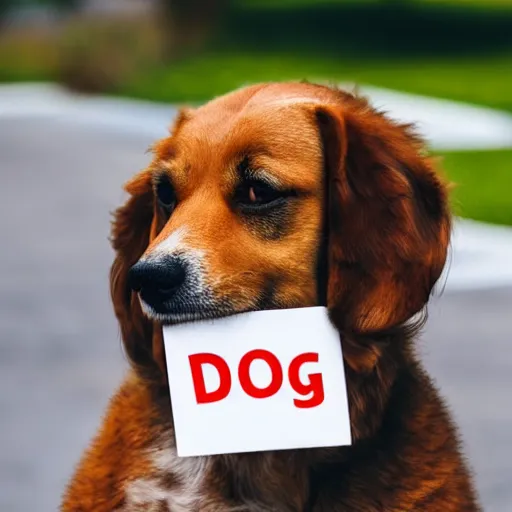 Prompt: professional photo of a dog holding a sign that says dog written on the sign