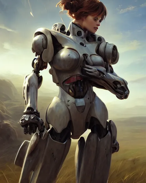 Image similar to daniel gerhartz and artgerm portrait digital rococo painting of a beautiful serious woman wearing a mecha suit, war torn battlefield in the background, glinting sunlight, unreal engine, hyper realism, realistic shading, cinematic composition, blender render, octane render, hdr, detailed textures, photorealistic, wide portrait shot, 3 5 mm film