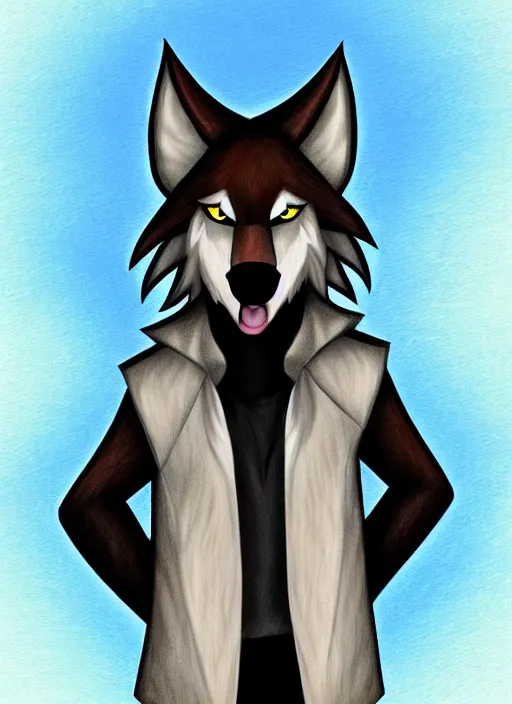 Image similar to expressive stylized master furry artist digital colored pencil painting full body portrait character study of the wolf ( sergal ) small head fursona animal person wearing clothes jacket and jeans by master furry artist blotch