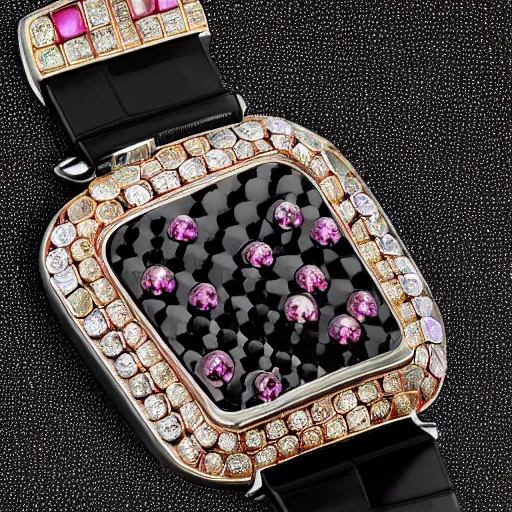 Prompt: van cleef and arpels wristwatch studded with rubies and topaz on a carbon fiber black background detailed watch hands javanese numerals, photorealistic photograph human skin wrist band