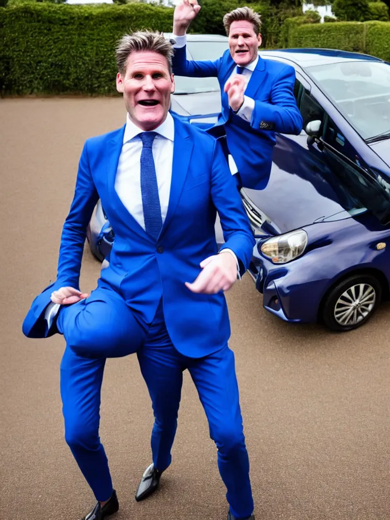 Image similar to Sir Kier Starmer wearing a blue suit jumping on top of a toyota yaris