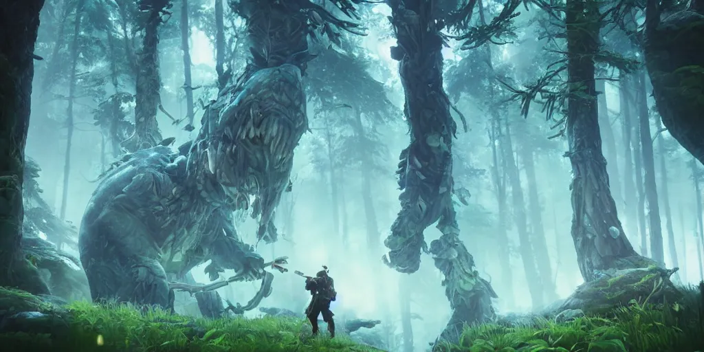 Image similar to gamekeeper hunting for mystical forest monster. realism in style of fornite game. bio luminescent, plasma, ice, water, wind, creature, artwork by tooth wu and wlop and beeple and greg rutkowski, epic cinematic shot, perfectly defined features, ambient occlusion