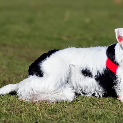 Image similar to old fox terrier with a white and black coat, red collar, white tail, lying in the sun