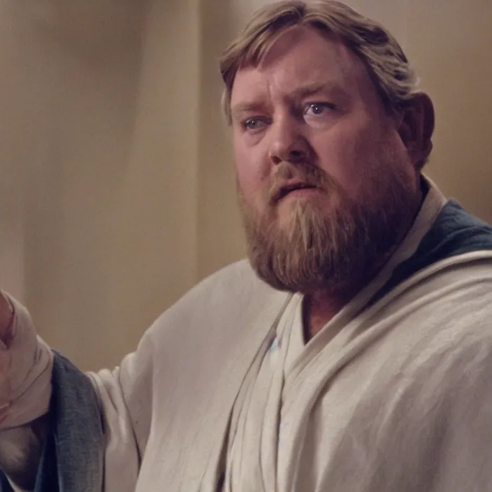 Image similar to obi wan kenobi but obese!! and overweight, photoralistic rendering, movie still, screenshot, hyperdetailed