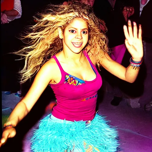 Image similar to Shakira dancing the cookie monster dance, in a nightclub, 1990 photograph