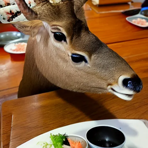 Image similar to photograph of a deer eating sushi