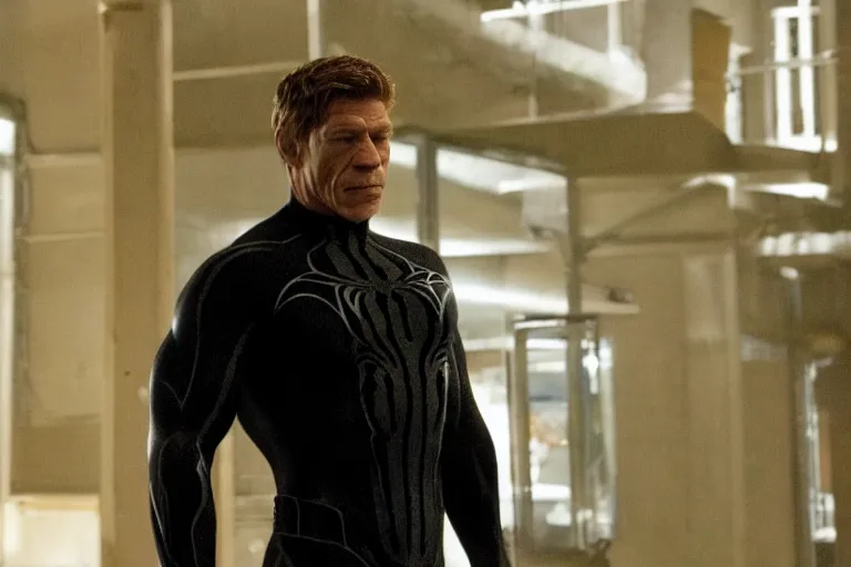 Image similar to film still of Thomas Haden Church as Eddie Brock wearing Venom costume without headpiece in Spider-man 3 2007, 4k