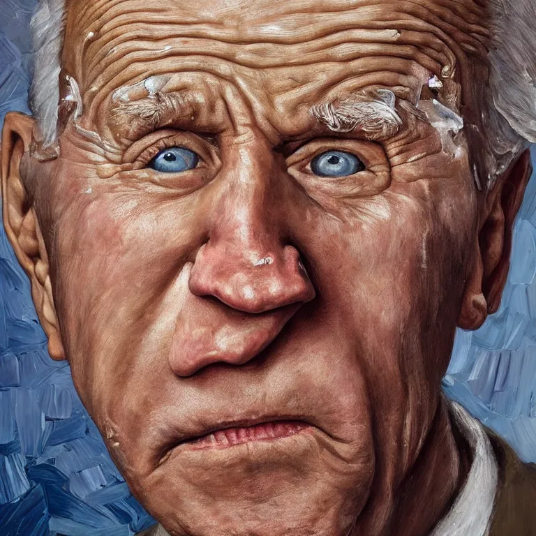 Image similar to hyperrealistic close up studio portrait of aging old Joe Biden age 103 wrinkled sad, oil painting by Ivan Albright and Lucian Freud and Ron Mueck, trending on artstation Studio lighting hyperrealism