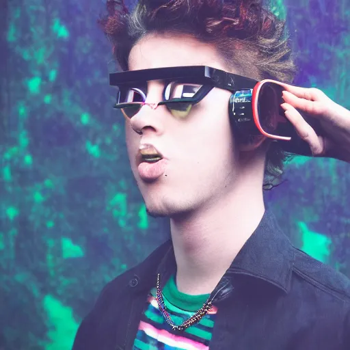 Prompt: kodak portra 1 6 0 photograph of a skinny nerdy goth guy with wild hair wearing goggles and eclectic jewelry, moody lighting, moody aesthetic, telephoto, 9 0 s vibe, rave background, vaporwave colors, faded!,