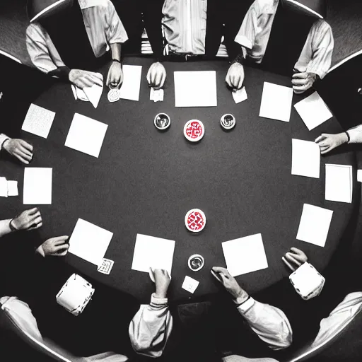 Prompt: a photo of a very large empty room in the bottom centre is a group of business men playing poker zoomed out from from the camera, cold lighting, award winning photo, monotone