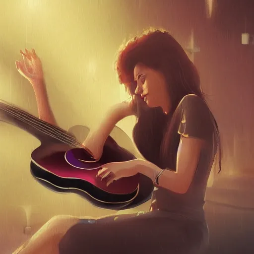 Prompt: women playing guitar, many television sets in the background, art poster, art nuevo, artstation, details, fog, futuristic