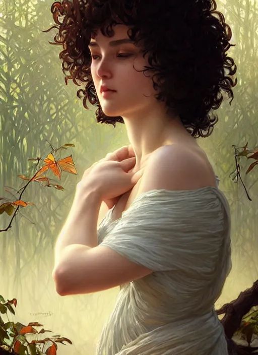Prompt: a woman with short curly hair, round face, cottagecore!!, river, trees, intricate, elegant, highly detailed, digital painting, artstation, concept art, smooth, sharp focus, illustration, art by artgerm and greg rutkowski and alphonse mucha
