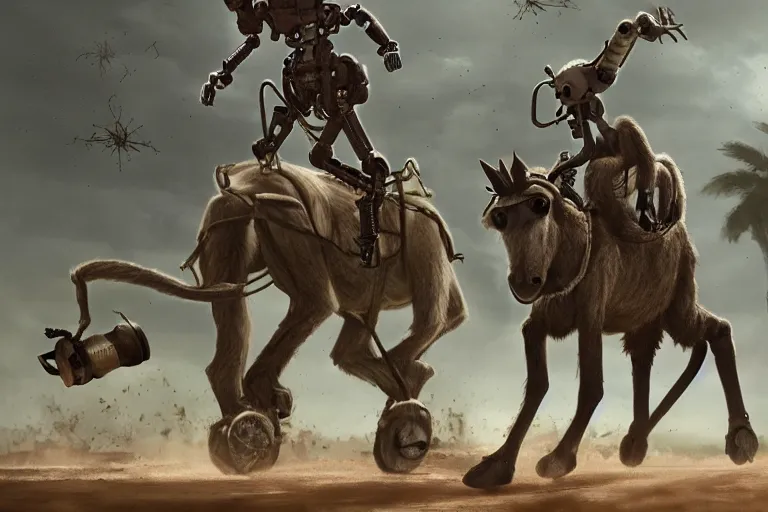 Image similar to a robot monkey riding a donkey in a post apocalyptic world being chased by giant ants