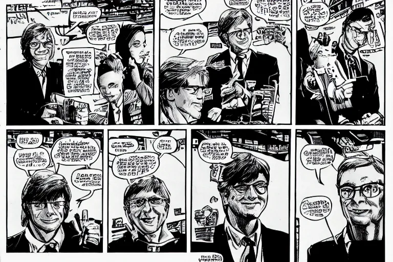 Image similar to bill gates doing a presentation, a page from cyberpunk 2 0 2 0, style of paolo parente, style of mike jackson, adam smasher, johnny silverhand, 1 9 9 0 s comic book style, white background, ink drawing, black and white