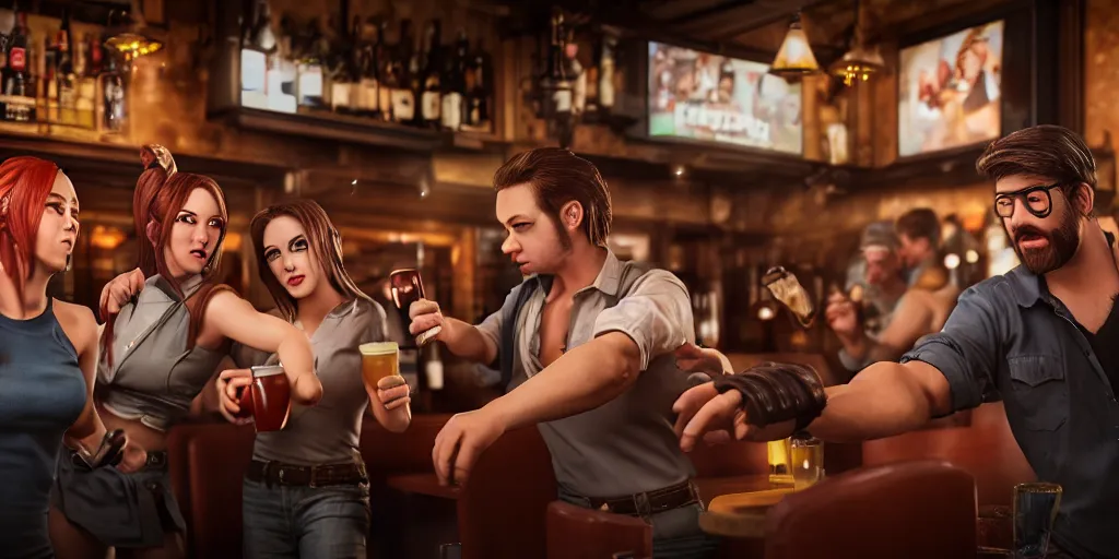 Prompt: a photo of a bar fight inside a pub between cosplayers, leica, accurate detailed faces, 4k, 3D render, hyperrealism, editorial, photorealistic, crisp details, sharp focus, wide angle lens, octane render, caustics