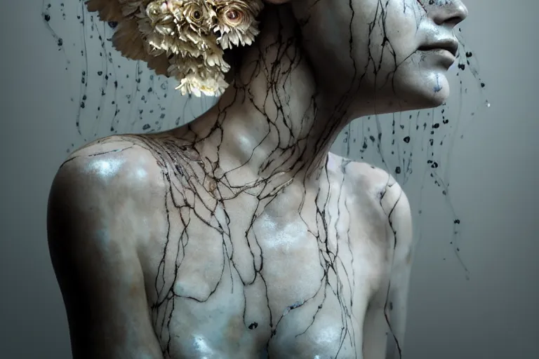 Image similar to the long shot of sculpture of a beautiful woman with flowing tears, fractal flowers on the skin, intricate, a marble sculpture by nicola samori, behance, neo - expressionism, marble sculpture, made of mist, still frame from the prometheus movie by ridley scott with cinematogrophy of christopher doyle, arri alexa, anamorphic bokeh, 8 k