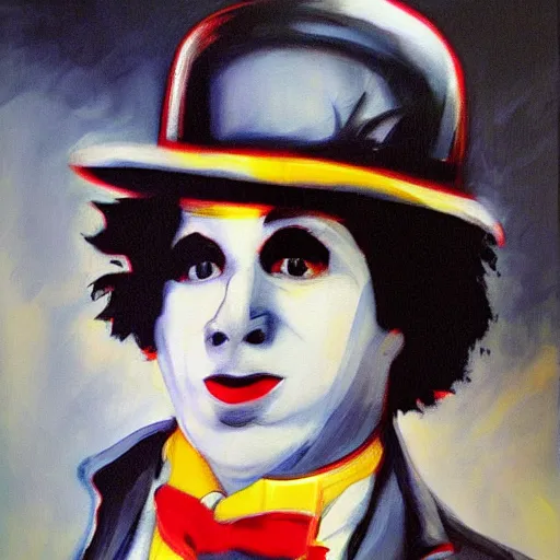 Image similar to Charlie chaplin in a beyblade battle painting