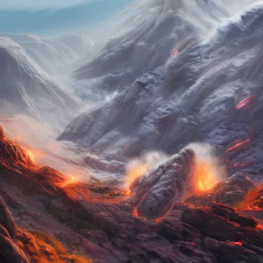 Prompt: incredible gorgeous beautiful mountainside being pulverized by a massive combat mech colossal robotic explosion particles dust inferno fire by greg rutowski and james gurney artstation hyperrealism 8 k